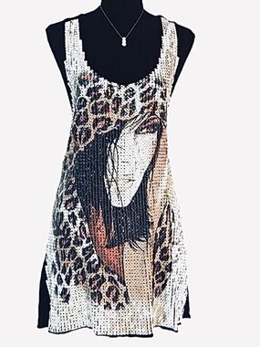 FANTAZIA ~ Sequin Leopard Graphic Tank Top Dress w/Metallic Appearance Details